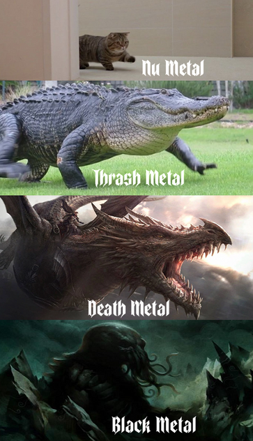 Meme in which four images of four creatures are describing four Heavy Metal subgenres (the names of the subgenres are written in a font similar to Gothic type):

a cat: Nu Metal
an alligator: Thrash Metal
a dragon: Death Metal
the demonic monster named Cthulhu: Black Metal