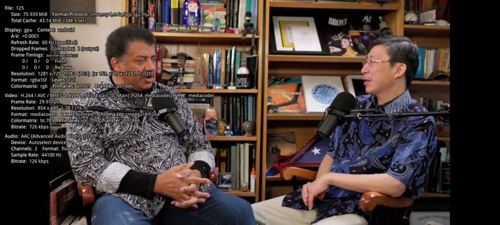 The screencap shows two men seated in a room with bookshelves in the background.
On the overlay on the left you can see all the statistics of the video just like MPlayer does it in Linux
 The man on the left is wearing a black and white patterned shirt with blue jeans, and he is speaking into a microphone. The man on the right is wearing a blue shirt with a paisley pattern and glasses, and he is also speaking into a microphone. Both men are engaged in a conversation, with the man on the right gesturing with his hands. The background features a bookshelf filled with books and various items, including framed pictures and a decorative object. The image also includes technical information overlaying the video, such as video and audio settings, indicating that this is a recorded video or live stream.

 Ovis2-8B

🌱 Energy used: 0.261 Wh