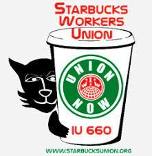 Starbucks Workers Union poster, with a black cat lurking behind a coffee cup that reads "Union Now, IWW. IU 660"