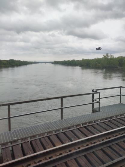 Foto. Breites Gewässer, im Vordergrund eine Brücke mit Eisenbahngleis.