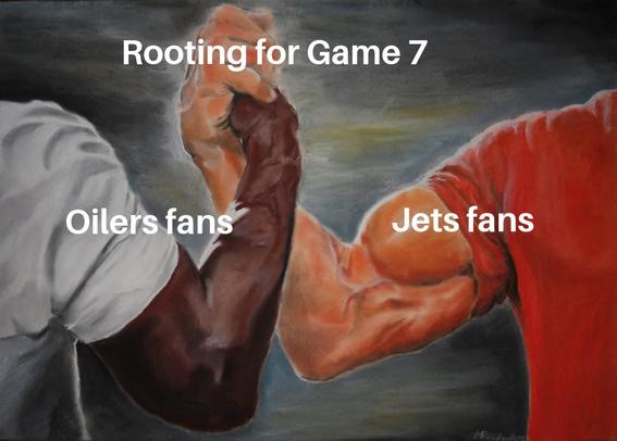 Epic handshake between Oilers and Jets fans rooting for a game 7.