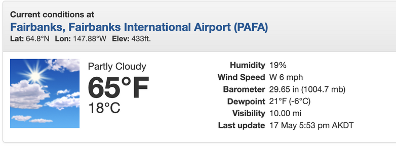 Screenshot showing the Saturday 6pm AKDT weather conditions at FairbanksAirport including the temperature of 65F.