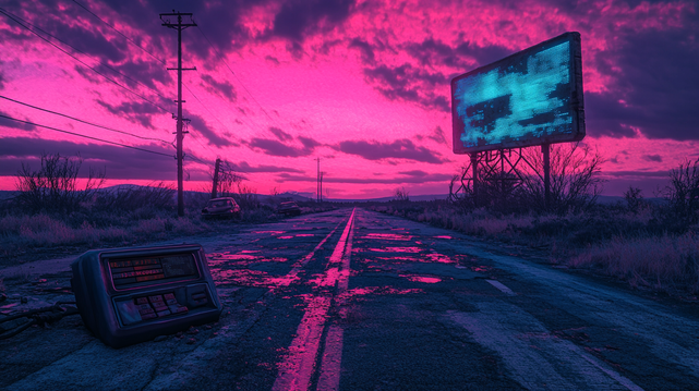 Route Sans Fréquence
Une autoroute abandonnée s’étire à l’infini sous un ciel rose électrique, avec un vieux panneau numérique grésillant dans le néant.
An abandoned highway stretches endlessly beneath an electric pink sky, with an old flickering digital billboard lost in the void.