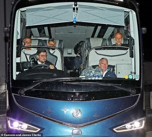 Pep Guardiola (top right) cut a frustrated figure as he arrived back in Manchester with his City team after the FA Cup final
