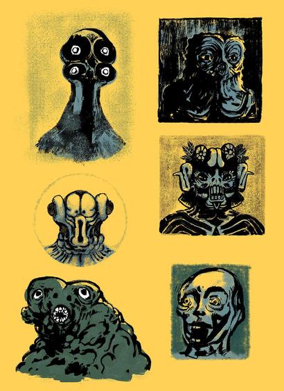 Sketchy drawing of several otherworldly creatures