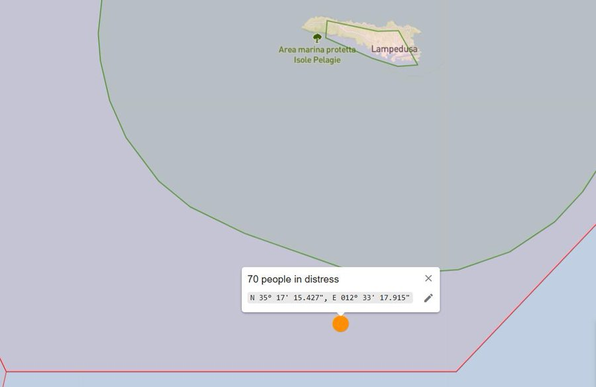 Eine Karte zeigt die Position von "70 people in distress" südlich von Lampedusa in der SRR Malta nahe den italienischen Hoheitsgewässern um Lampedusa bei:
N 35°17'15.427" , E 012°33'17.915".