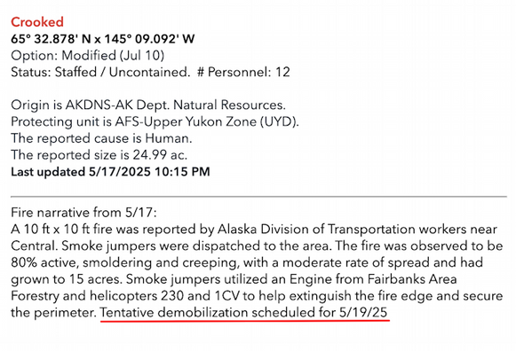 Late Saturday evening update on the Crooked Fire near Central, Alaska.