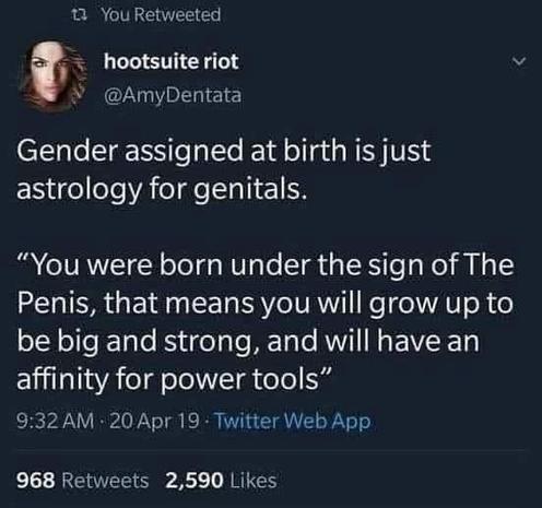 Twitter post from user @AmyDentata:

Gender assigned at birth is just astrology for genitals.

“You were born under the sign of The Penis, that means you will grow up to be big and strong, and will have an affinity for power tools”