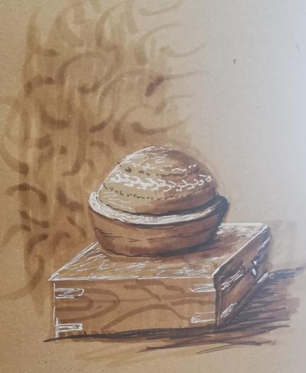 Drawing in sepia on brown paper, showing a pincushion in a wooden bowl, set on a wooden box.