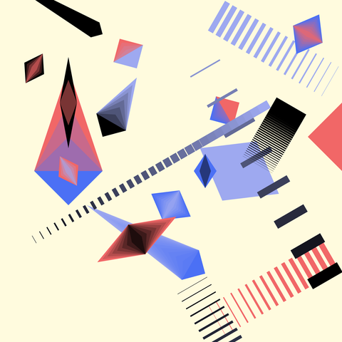 This image is an abstract generative artwork featuring a variety of geometric shapes and patterns. It includes a mix of colors such as red, blue, and black. The composition is dynamic, with overlapping shapes creating a sense of depth and movement. The use of bold colors and sharp lines gives the artwork a modern and energetic feel.