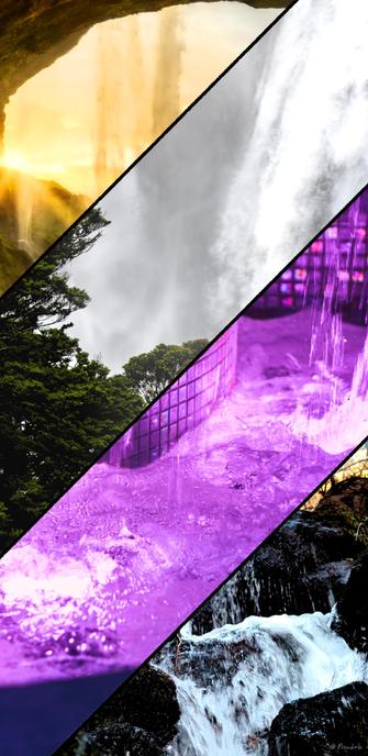 A collage of three photos of waterfalls and one fountain arranged to match the colors of the nonbinary flag.