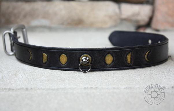 A shot of collar with the moon tooling, open so that the entire design is visible