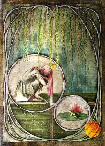 Illustrated rendition of The Frog Prince, done in a stylized Art Nouveau manner with raised filigree decorative framing. Image depicts a girl with pink hair and a frog on a lily pad, with cascading willows above. Primarily muted greens and dusty golden yellows on a paper texture.
