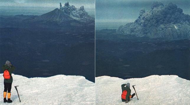 Two pictures with a man on a snowy mountain. On the first pic he stands and watches another mountain with a lot of dark smoke coming out. On the second pic he sits. The other mountain is now only smoke, completely exploded. John "Jack" V. Christianson took these photos from Mt. Adams, 54 km to the east, as his friend reacted to the eruption at 8:32 am on 18 May 1980.