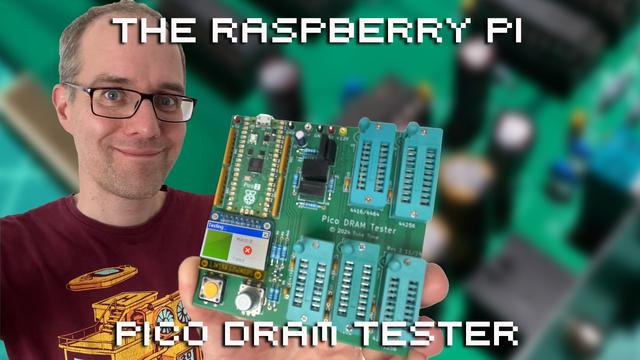 Me presenting the Pico DRAM tester: a green circuit board with a tiny LCD screen and 5 turqoise zero insertion force sockets.