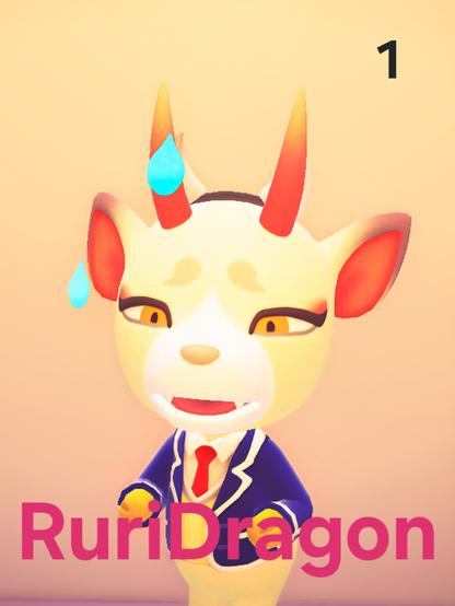 Animal Crossing: New Horizons screenshot. A recreation of the cover image for RuriDragon, Volume 1. Image shows a nervous Shino (white deer with long red horns, yellow eyes, and fangs) with impish white horns dressed in a blue school uniform. The background is all white with yellowish lighting in the image and the title of the series is written in pink text across the center.
