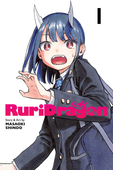 Cover image for RuriDragon, Volume 1. Image shows a nervous teenage girl with long white horns, bluish hair, and fangs, dressed in a blue school uniform with a bag over her shoulder. The background is all white and the title of the series is written in pink text across the center.