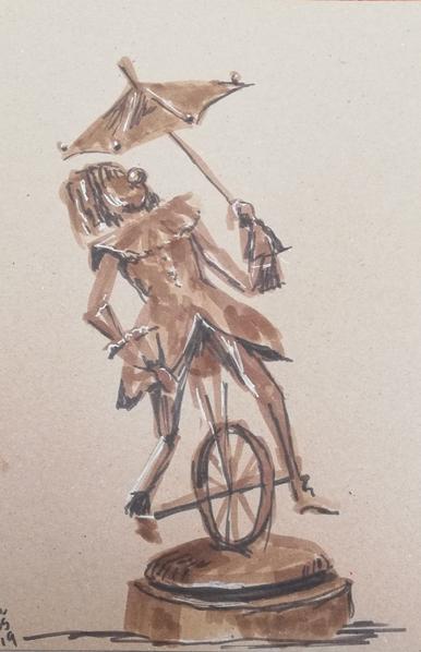 Rough quick sketch in sepia and brown with white highlights. The figure wears a very stylised coat and carries an open umbrella.