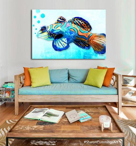 Colorful mandarinfish on blue watercolor by artist Sharon Cummings.