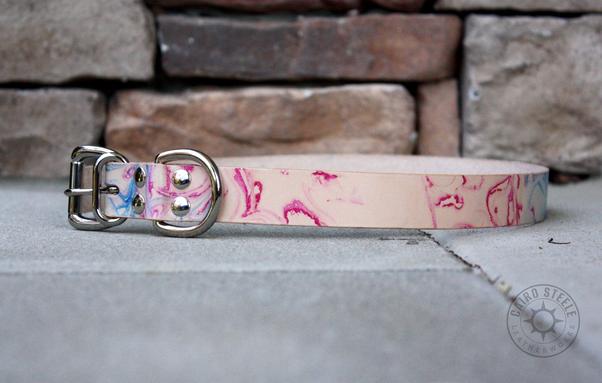 A natural leather collar with trans flag colored marbling and nickel hardware