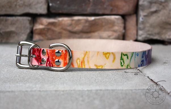 A natural leather collar with rainbow marbling and nickel hardware