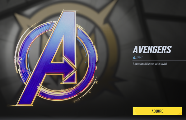 Screenshot from the Marvel Rivals game with a cosmetic spray players can use to place in matches. It's the Avengers logo, with descripition text that states "Represent Disney plus with style!" It's corny and dumb