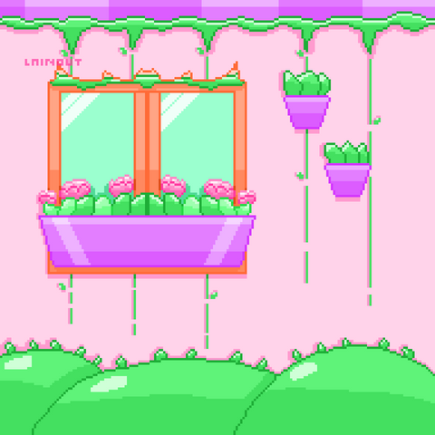 A pixelart scenery of the outside of a house, a window with a lot of plants and flowers