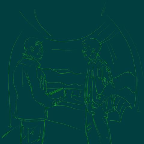 Green background with a yellow outline of a mid twenties man and an eighteen year old man. They are meeting in an observation room a mile above the ground.