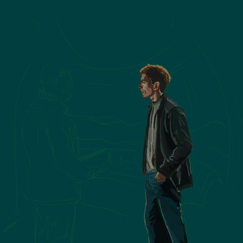 Same green background and same yellow sketch. Now, though, Freddie, the man on the right is coloured in. He's somewhere between a dirty blond and a ginger. He's dressed casually in a gray t-shirt, a darker gray hoodie, and blue jeans. His left hand is in his pocket and he's on edge, not expecting to have anyone up here with him. He's even more surprised to see the man wearing the Queen's emerald.