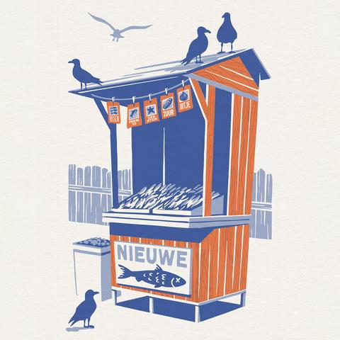 Stylized limited color palette illustration of a Dutch fish stand being mobbed by seagulls.
