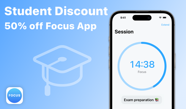 Focus App offers a student discount. Students get 50 % off on the yearly subscription. This is illustrated with a screenshot of the Focus timer.