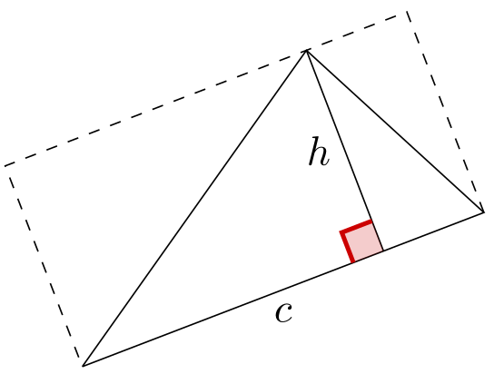 Un triangle quelconque dont on a dessiné une hauteur. On voit un rectangle en pointillés qui permet de comprendre la formule de l'aire du triangle.