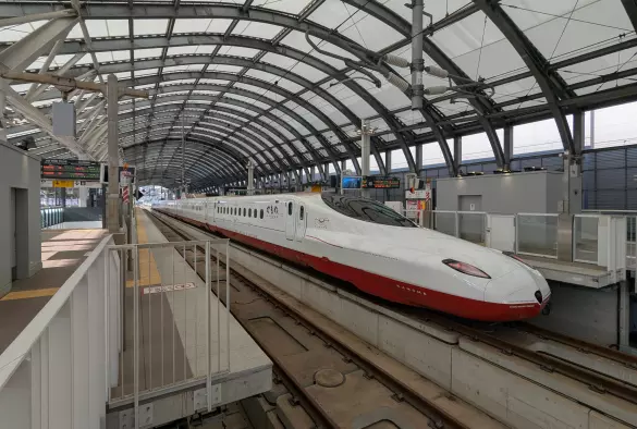 Am gegenüberliegenden Bahnsteig wartet ein Hochgeschwindigkeitszug mit langer Nase.
Oben hat er eine weisse Farbe. Unten ist er  rot.