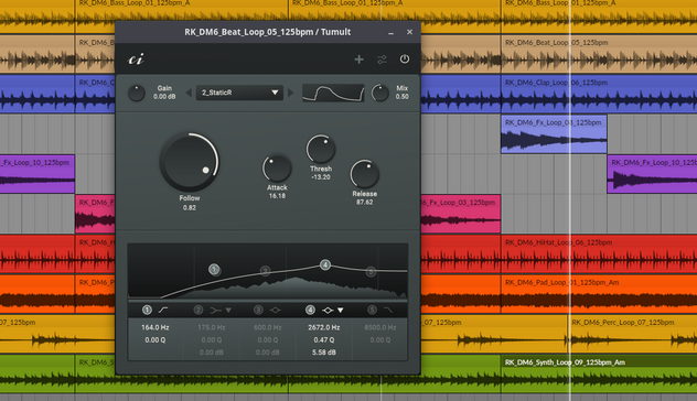 Tumult GUI in front of a bitwig project background with controls for gain, mix, mode, threshold, attack, release and a five band equalizer with frequency analysis.