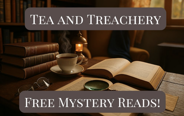 Banner that reads Tea and Treachery, Free Mystery Reads over dark background with leather books, candle, and teacup