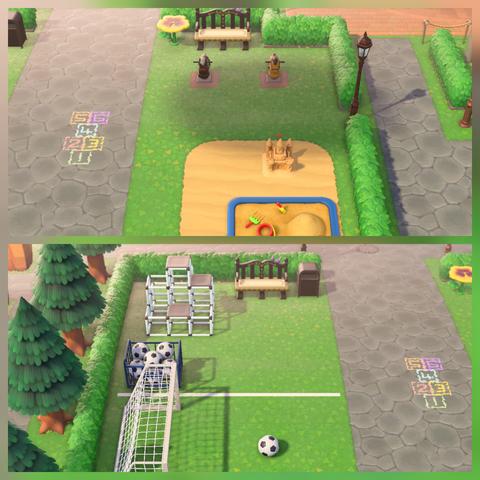 Collage of two Animal Crossing: New Horizons screenshots stacked vertically. The two images show each side of the same area. The area is encircled in a green hedge fence with a concrete walkway down the middle. There is a multi-colored hopscotch setup in the middle. The upper image is the right side with a black plaza bench at the top with two horse ride-on toys in front of them. South of that is a sandy area with a small sandbox and a sandcastle built. On the bottom screenshot it shows the left side of this park area. To the north is another black plaza bench with a small white and grey jungle gym immediately south of it. South of that is a net with lines and a soccer ball in the middle.