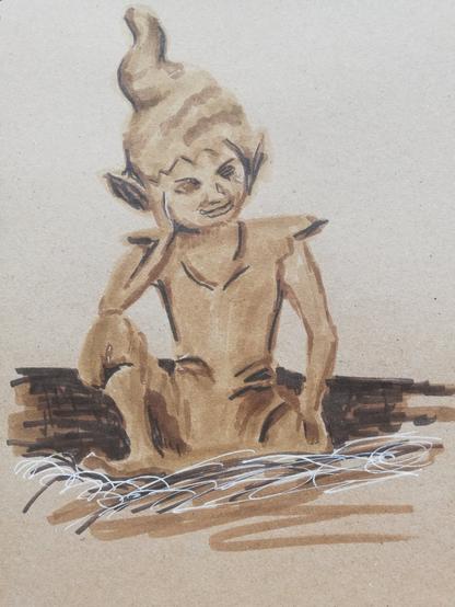 Sketch in sepia tones of a little garden elf.