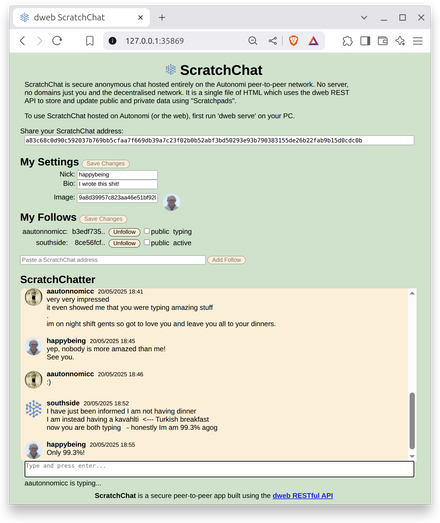 A browser showing the user interface to ScratchChat peer-to-peer chat.