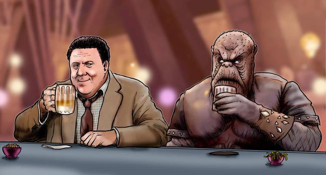 Art depicting George Wendt's character Norm and Deep Space Nine homage character Morn, seated at Quark's bar on Deep Space 9 next to each other, Norm hoisting a beer in a glass mug, and Morn hoisting what is likely Synthale. Norm has a small bowl of peanuts in front of him and Morn has what looks like a small bowl of Gagh.