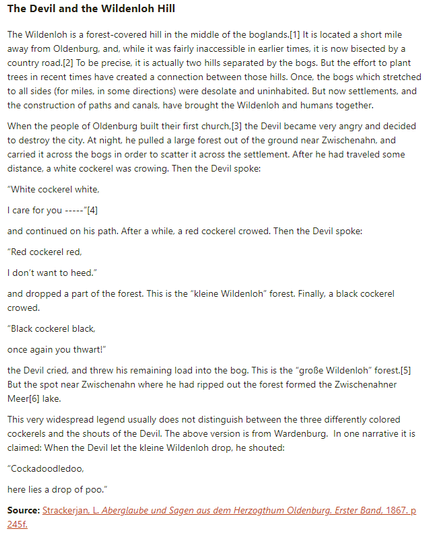 German folk tale "The Devil and the Wildenloh Hill". Drop me a line if you want a machine-readable transcript!