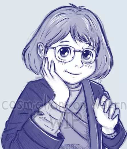 Digital sketch in blue tones of Hiroko Katsuki from Yuri!!! On Ice, drawn from the chest up. She is placing her right hand on her cheek, gesturing with her left hand, smiling at the viewer and blushing slightly. The background is very light greyish blue.