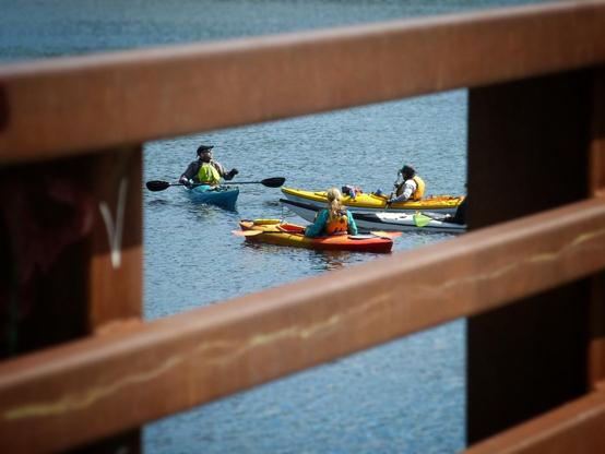 Three people in red, yellow and blue kayaks sit facing each other on a river. The image is framed by the steel railing of a bridge.