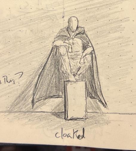 A pencil sketch of a cloaked figure crouched on a box.
