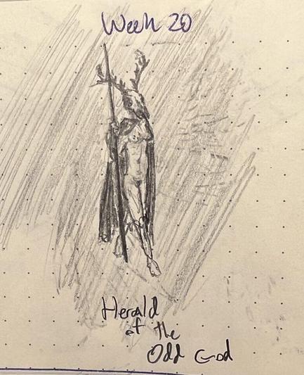 A pencil sketch of a robed female priestess She is dear-skull-headed, but otherwise nude, carrying a long staff as she strides toward the viewer.