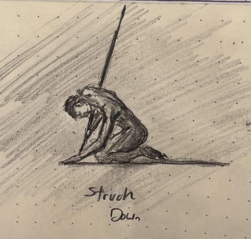 Pencil sketch of a man kneeling on the ground, struck down by the staff wielded by the robbed priestess in the earlier sketch.