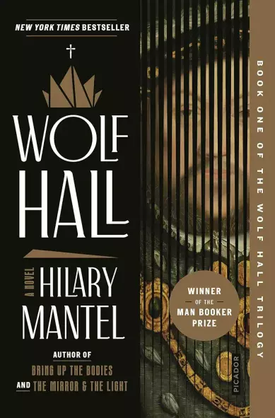 Cover of book "Wolf Hall" by Hilary Mantel, showing a close up of Henry VIII face from the Holbein portrait.
