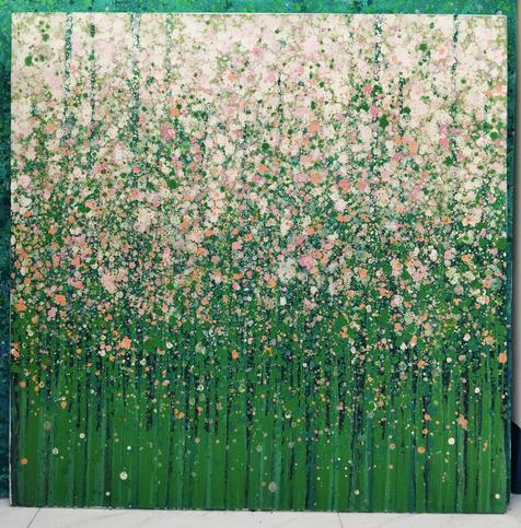 a painting done with splatter and drip techniques, green stems at the bottom and bursts of light pink moving upward