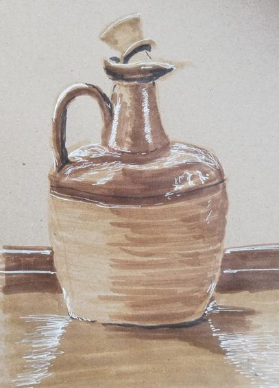 Sepia sketch of an earthenware whisky bottle standing on a ledge, casting a shadow. The top third is glazed.