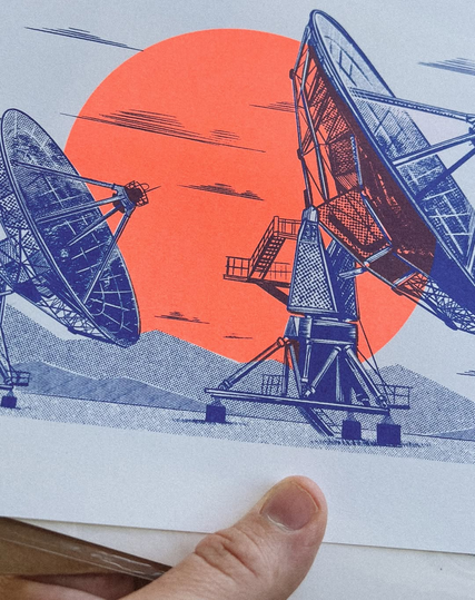 Risograph print in blue and fluorescent orange of radio telescope dishes in a desert with a big sun behind them. Very graphic style.