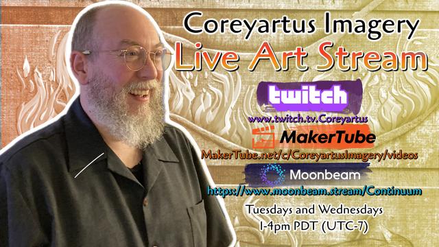 Promotional image with URLs for different livestream platfroms and Dates and times for streaming. Features a balding man with a smile on the left and a bright abstract background.